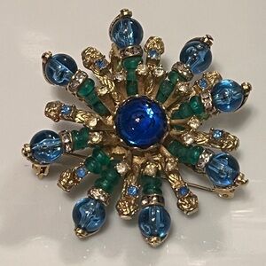 Vintage Vendome Signed Gold-Tone Blue & Green Crystal Starburst Brooch
